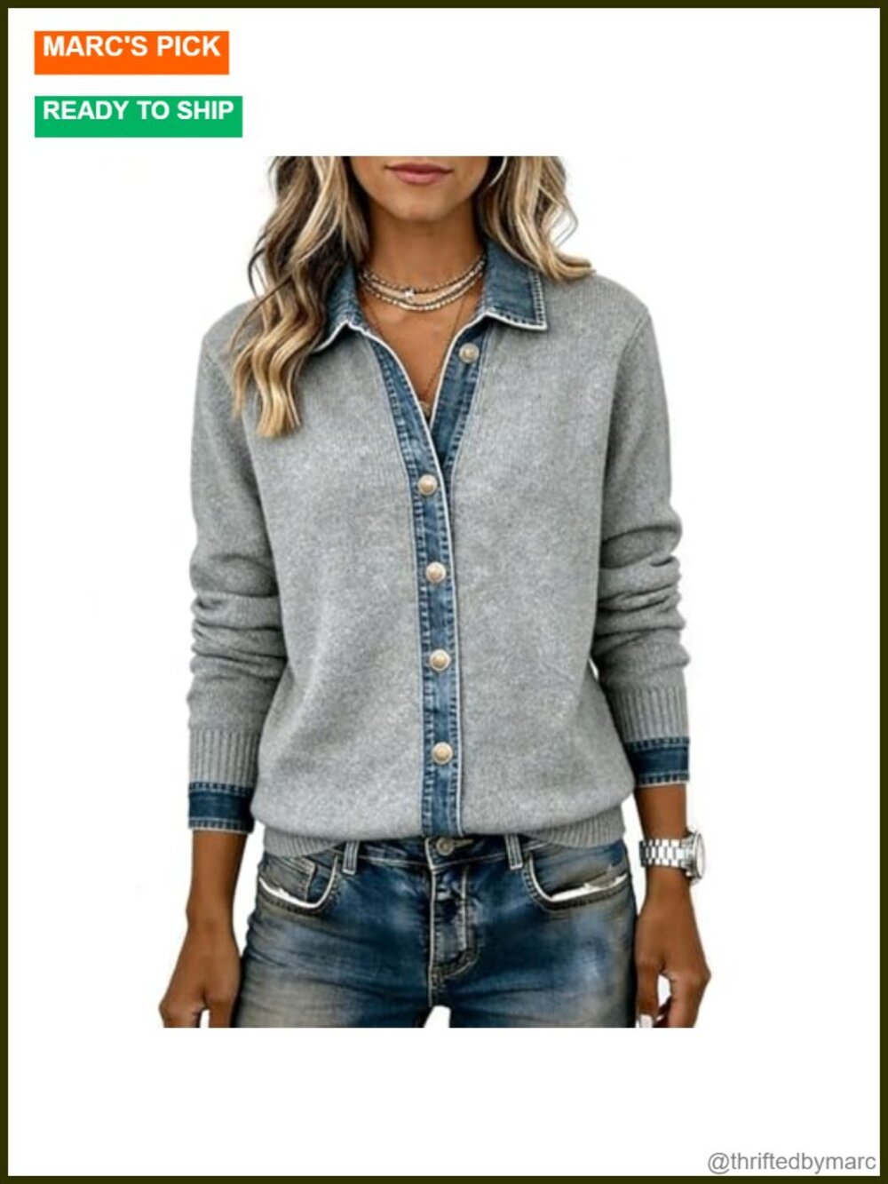 Womens Denim Cardigan Sweater Patchwork Cropped Jean Knit Shacket